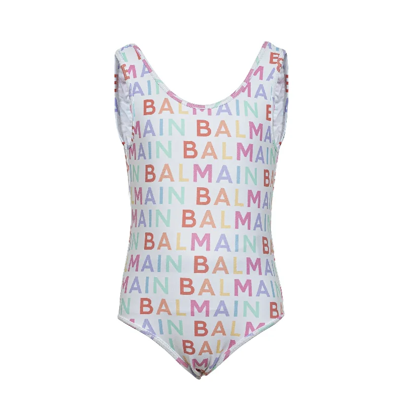 BM White Multi Logo Swimsuit Tie-Back Swimwear