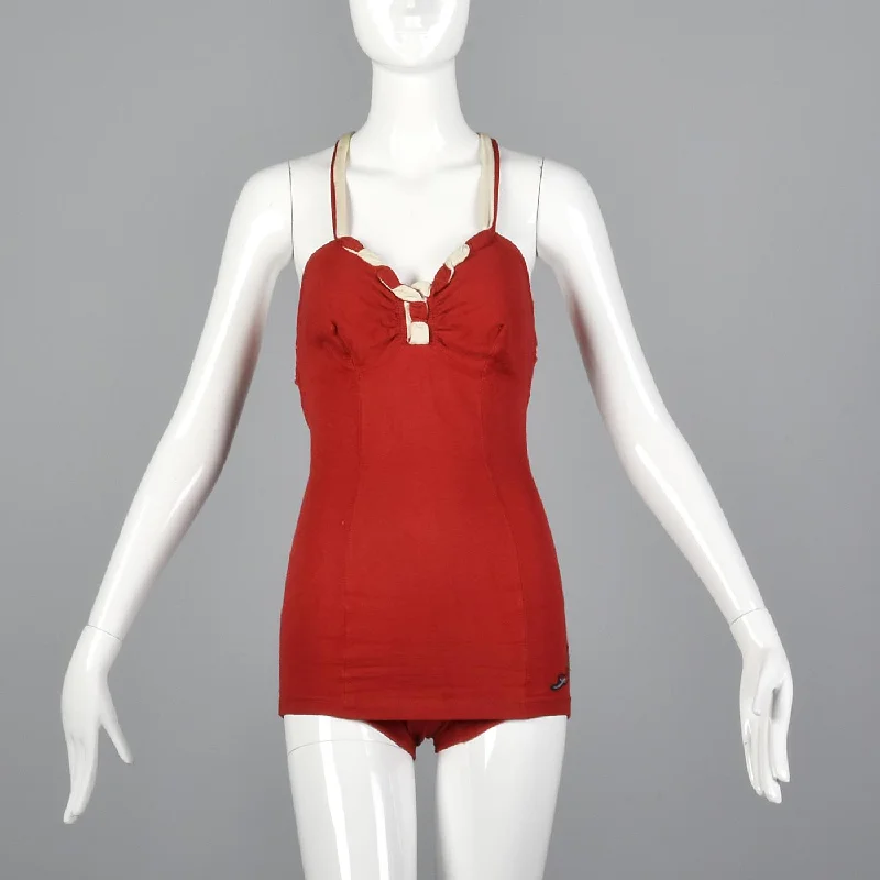 1930s Jantzen Red Swimsuit with Drawstring Back Full Coverage Swimsuit