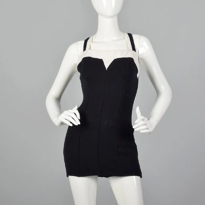 1960s Black Knit Swimsuit with White Trim Halter Top Bikini