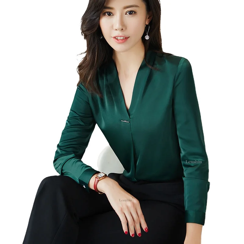 OEM Satin New Fabric High-quality V-Neck Shirt for Women Blouse Elegant Tops Female Full-Sleeve Office Lady Work Wear-- Cozy Warm Stylish OEM Satin New Fabric High-quality V-Neck Shirt for Women Blouse Elegant Tops Female Full-Sleeve Office Lady Work Wear-- Cozy Warm Stylish