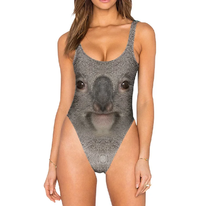 Koala Face Swimsuit - High Legged V-Neck Swim Dress