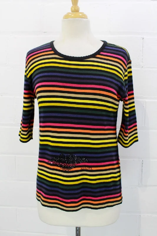 Vintage 1990s Sonia Rykiel Rainbow Striped T-Shirt with Rhinestone Logo, Medium-- Zippered Buttoned Snapped