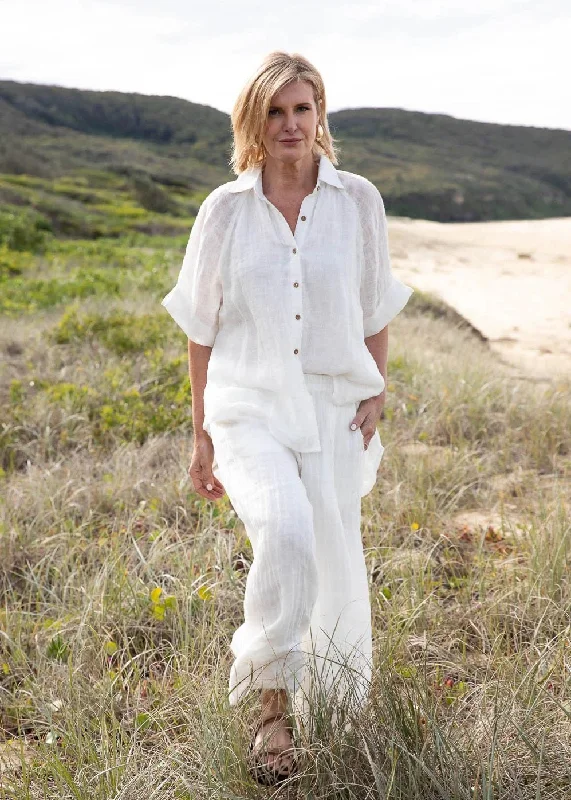 Gauze Linen Shirt | White-- Solid Print Embellished