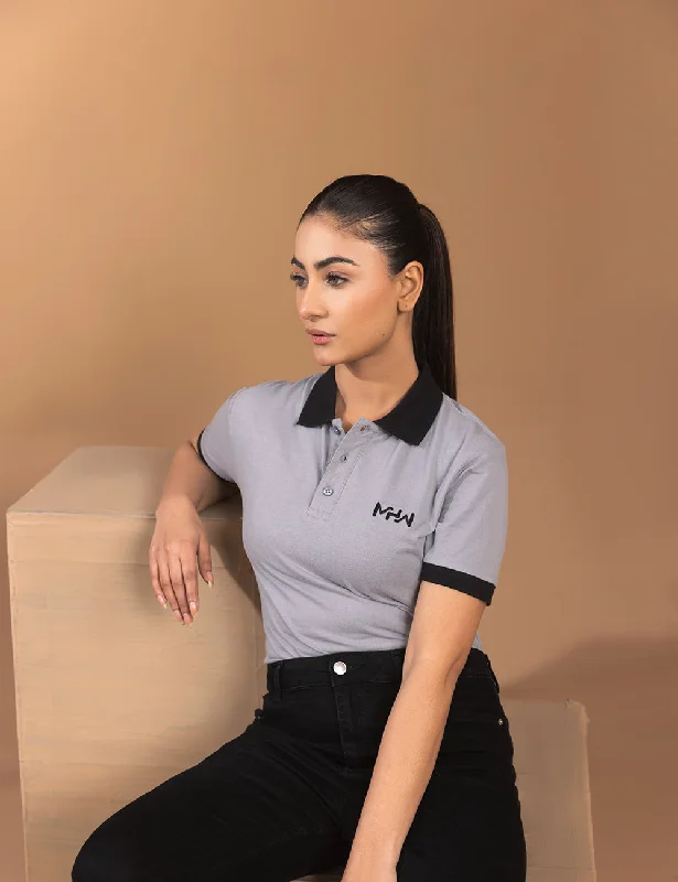 Plain Grey Women Polo Shirt with Black Contrast Collar-- Cotton Fabric Linen Fabric Terry Fabric Plain Grey Women Polo Shirt with Black Contrast Collar-- Cotton Fabric Linen Fabric Terry Fabric