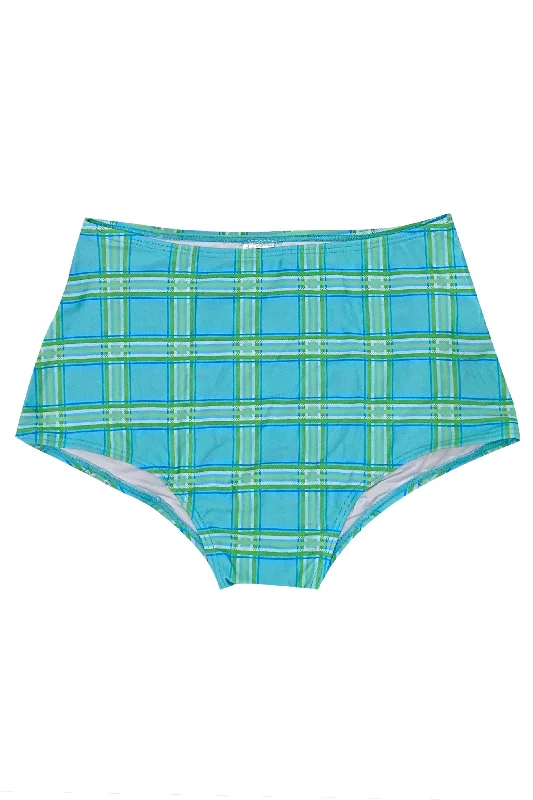 Blue Plaid High-Waisted Brief Swimsuit Bottoms Stylish Swimsuit Set