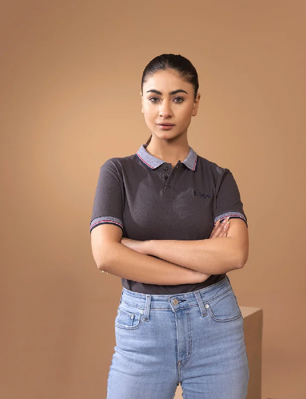 Charcoal Grey Contrast Tipping Collar Women Polo Shirt-- Satin Fabric Silk Fabric Chiffon Fabric Charcoal Grey Contrast Tipping Collar Women Polo Shirt-- Satin Fabric Silk Fabric Chiffon Fabric