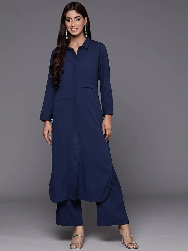 Varanga Women Navy Blue Shirt Collar Straight  Kurta Paired With Tonal Bottom-- Machine Wash Dry Clean Hand Wash