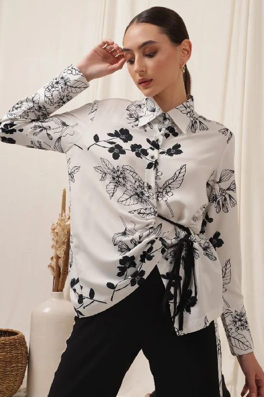 TIE UP SHIRT FLORAL WHITE-- Real Fur Shearling Chenille