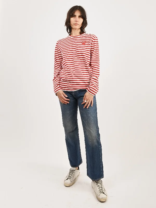 Red/White Red Heart Play Striped T-Shirt-- Wool Fabric Cashmere Fabric Tweed Fabric