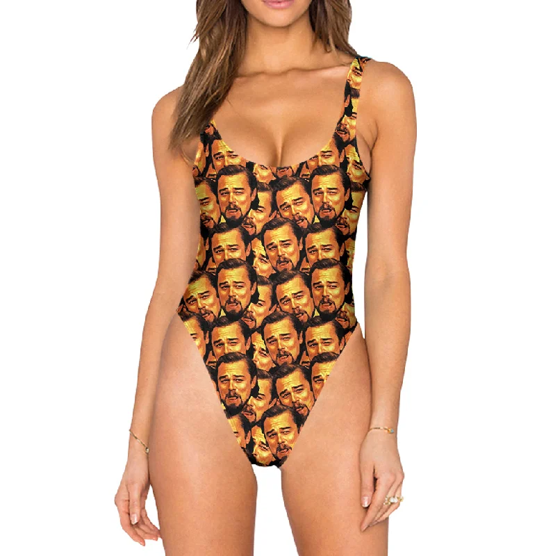 Leo Pattern Swimsuit - High Legged Tropical Print One-Piece