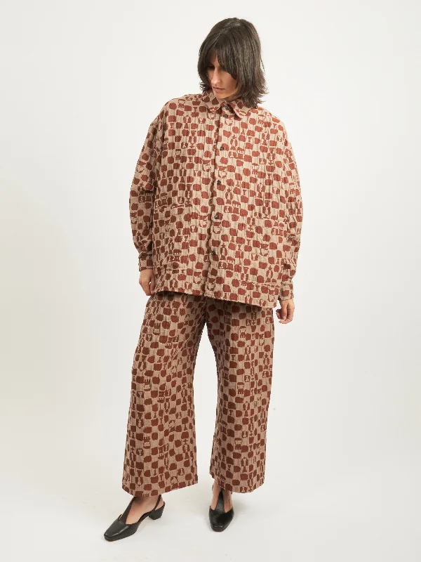 Beige Orange Chess Big Shirt-- V-Neck T-Shirt Long Sleeve Cotton