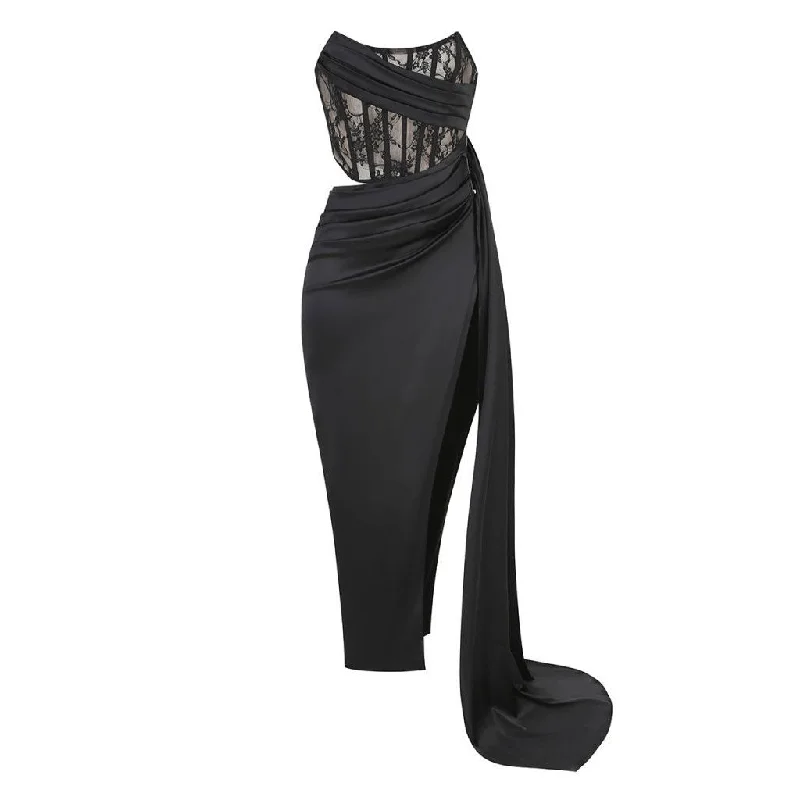 Sexy Floral Lace Panel Pleated Corset Draped High Split Maxi Evening Dress Tunics Plaid country Sexy Floral Lace Panel Pleated Corset Draped High Split Maxi Evening Dress Tunics Plaid country