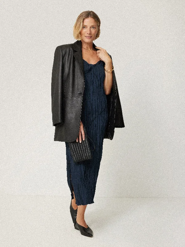 Satin Drape Plisse Slip Dress | Navy Tunics Seasonal trendy