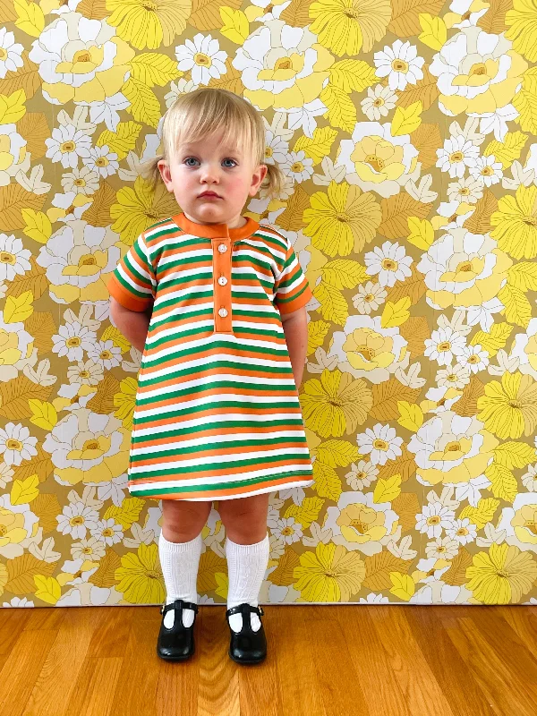 Girls Shift Dress - Green/Orange/White Stripe Turtleneck Neckline Stylish