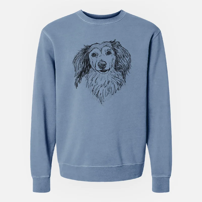 Doodled Bentley the Long Haired Dachshund - Unisex Pigment Dyed Crew Sweatshirt Hoodie with Raw Hem Edgy Unfinished Doodled Bentley the Long Haired Dachshund - Unisex Pigment Dyed Crew Sweatshirt Hoodie with Raw Hem Edgy Unfinished