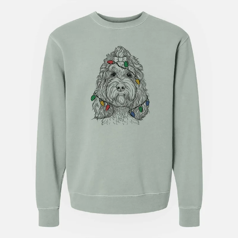 Christmas Lights Chloe the Cockapoo - Unisex Pigment Dyed Crew Sweatshirt Hoodie with Rhinestones Sparkly Elegant