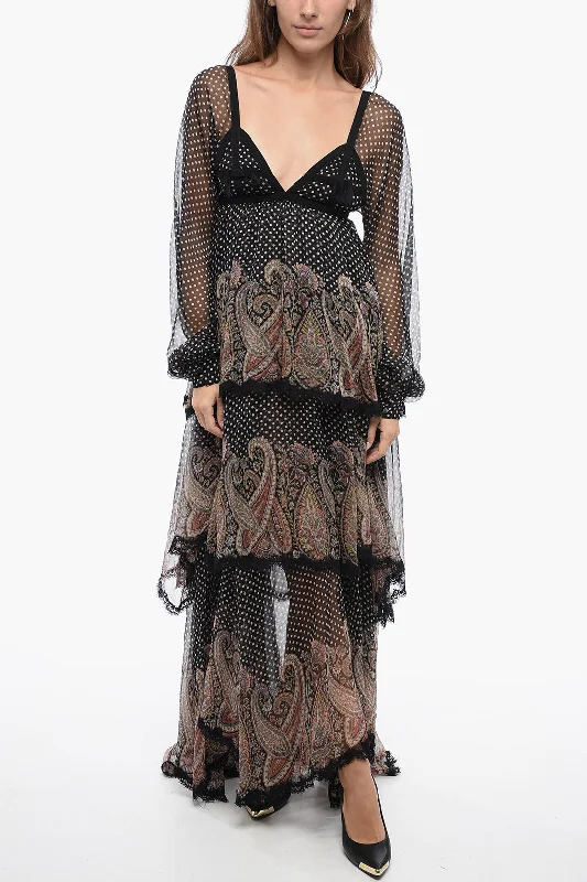 Etro Chiffon Flouced Polka-Dot Dress with Application Tunics Ceremony elegant