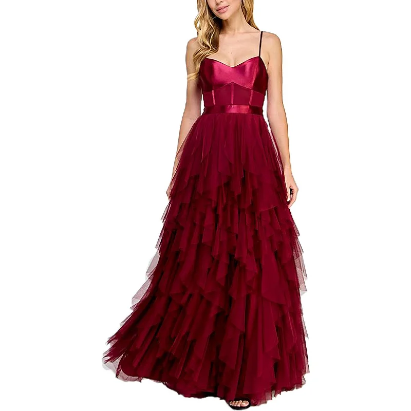 Juniors Womens Satin Formal Evening Dress Boat Neckline Classic