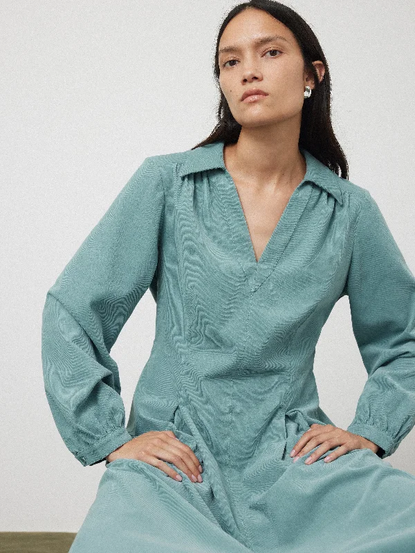 Corduroy V Neck Dress | Blue Elegant Long Evening