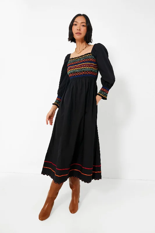 Black Autumn Smocking Cindy Dress Tunics Spring floral