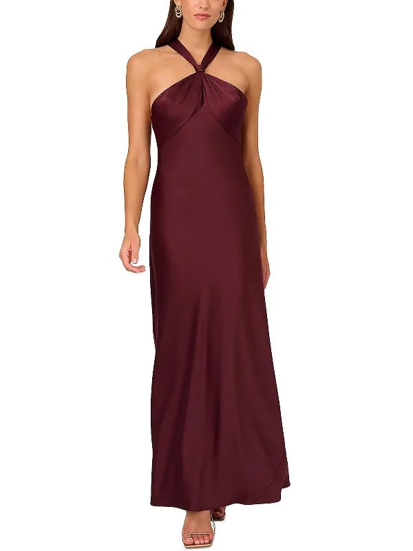 Womens Satin Halter Evening Dress Square Neckline Feminine