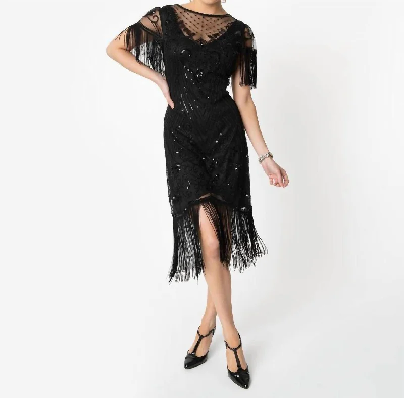 1920S Beaded W/ Fringe Nadine Flapper Dress In Black Bodycon Club Sequined