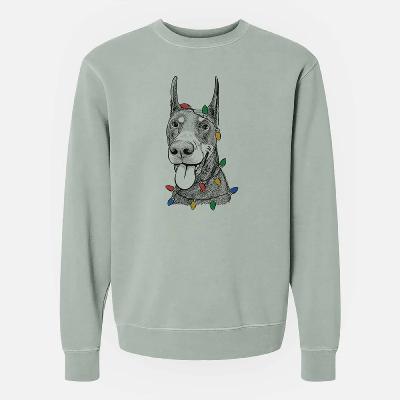 Christmas Lights Happy Sunny the Doberman Pinscher - Unisex Pigment Dyed Crew Sweatshirt Hoodie with Mock Neck Collared Structured Christmas Lights Happy Sunny the Doberman Pinscher - Unisex Pigment Dyed Crew Sweatshirt Hoodie with Mock Neck Collared Structured