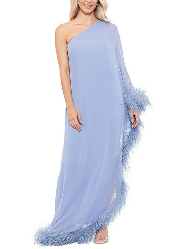 Womens Feather Trim One Shoulder Evening Dress Tunics Formal black