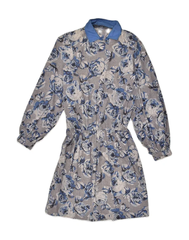 VINTAGE Womens Drop Waist Dress UK 14 Large Grey Floral Cotton Tunics Formal black