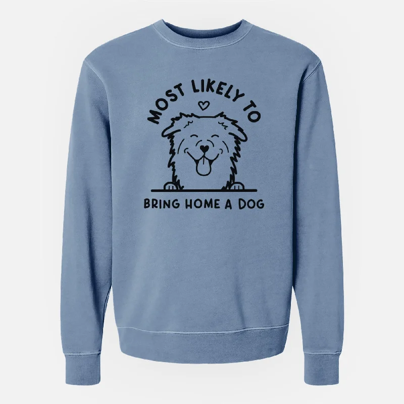 Most Likely to Bring Home a Dog - Aussie - Unisex Pigment Dyed Crew Sweatshirt Hoodie with Hem Fringe Bohemian Relaxed