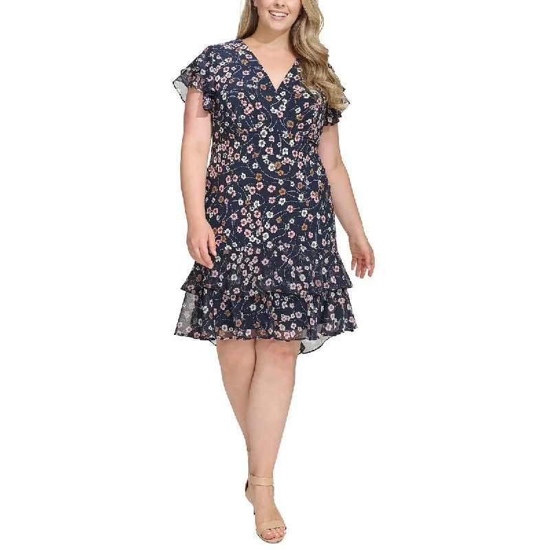 Plus Womens Faux Wrap Top Ruffled Fit & Flare Dress Tunics Modern contemporary