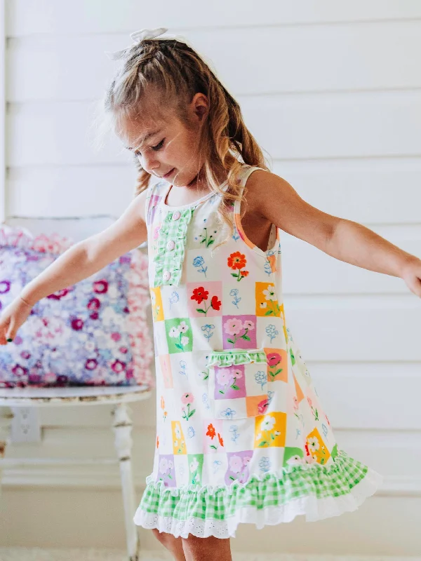 Everyday Play Dress - Checkered Blooms A-Line Day Work