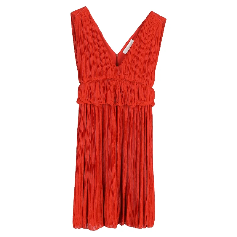 Chloé Mini Pleated V-Neck Dress in Red Viscose Tunics Sophisticated sleek