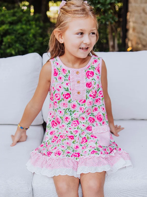 Everyday Play Dress - Covered in Roses on Aqua Tunics Print Colorful