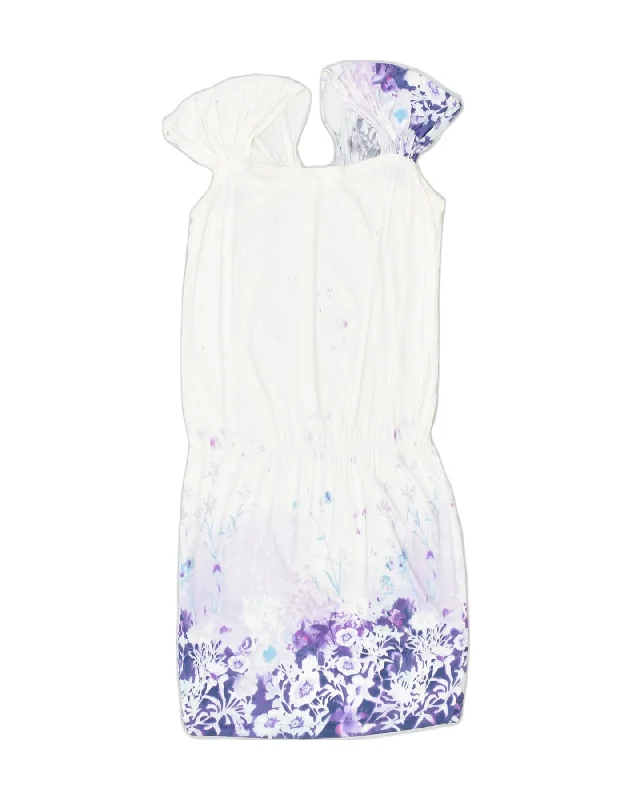 VINTAGE Womens Drop Waist Dress UK 12 Medium White Floral Turtleneck Neckline Stylish