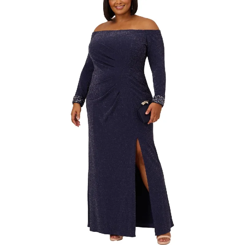 Adrianna Papell Womens Metallic Off-The-Shoulder Evening Dress Bodycon Club Sequined