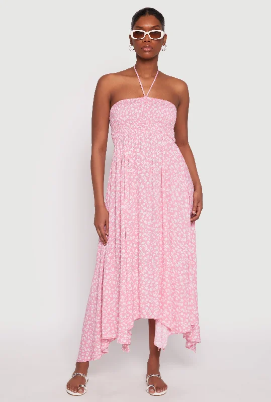 Floral Double Slit Halter Dress Crew Neckline Sporty