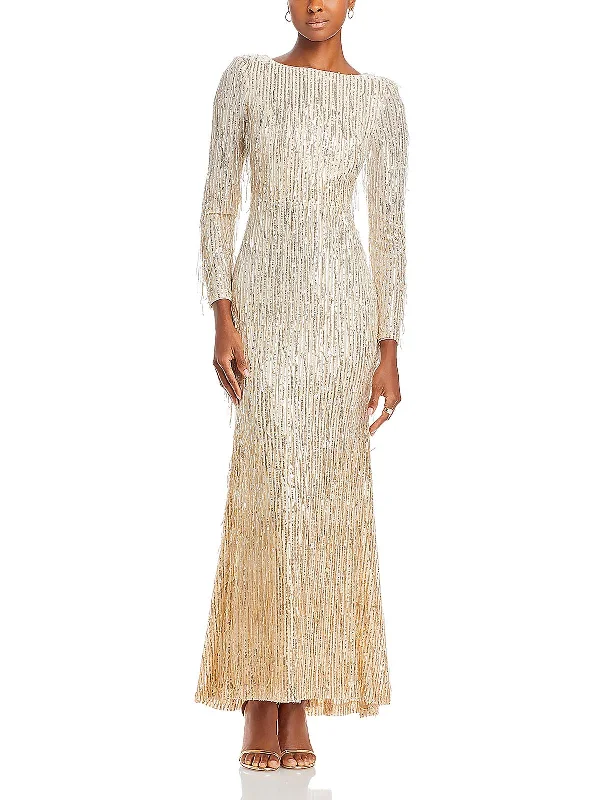 Womens Sequined Long Evening Dress Off-the-shoulder Chic Trendy