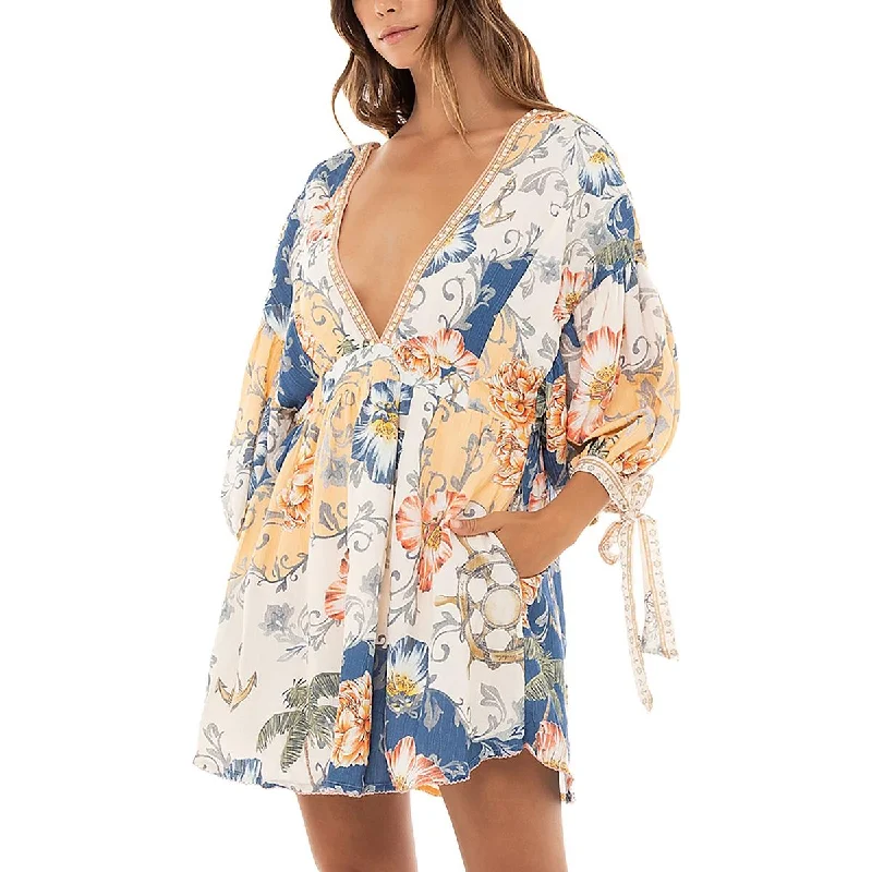 Womens Mini Floral Print Babydoll Dress Tunics Denim casual