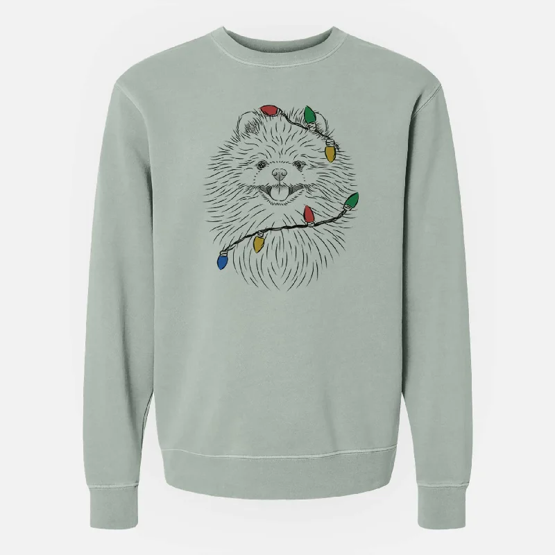 Christmas Lights Pirro the Pomeranian - Unisex Pigment Dyed Crew Sweatshirt Hoodie with Hem Drawcord Adjustable Customizable