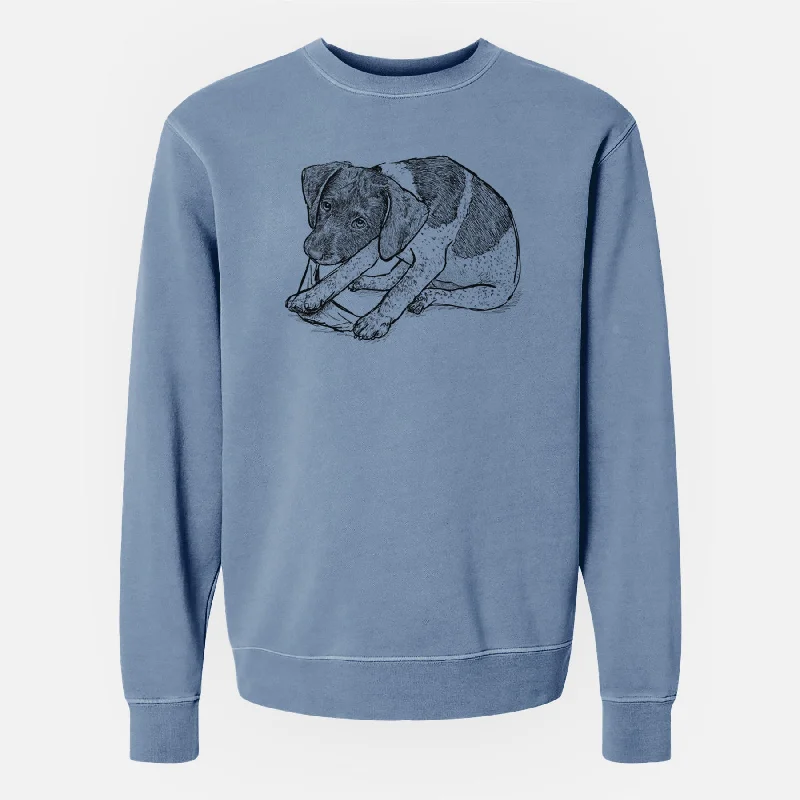 Doodled Dawson the German Shorthaired Pointer - Unisex Pigment Dyed Crew Sweatshirt Hoodie with Distressed Vintage Worn Doodled Dawson the German Shorthaired Pointer - Unisex Pigment Dyed Crew Sweatshirt Hoodie with Distressed Vintage Worn
