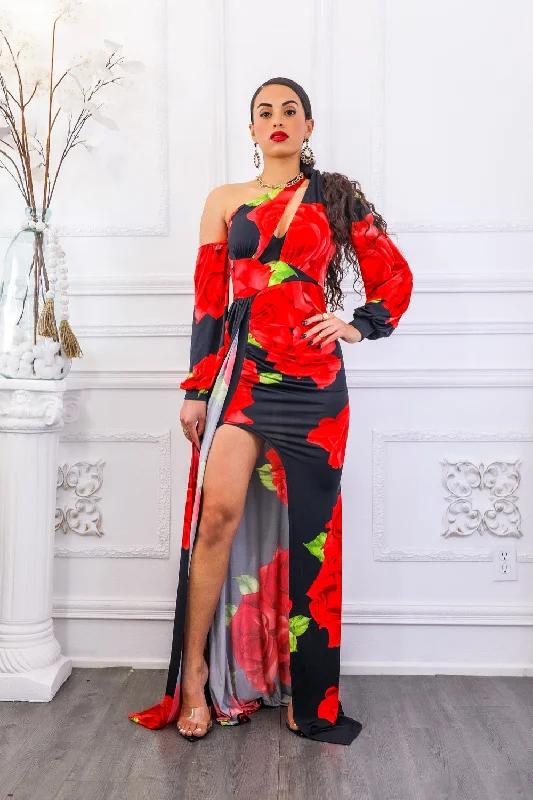 Roses Are Red Asymmetrical Draped Floral Dress sweetheart Neckline Romantic