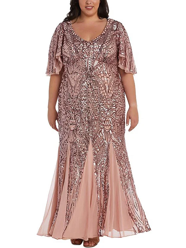 Plus Womens Sequin Flutter Sleeve Evening Dress Tunics Plaid country