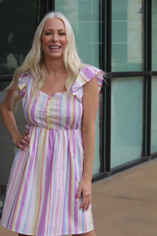 Striped Button Sweetheart Flutter Sleeve Dress **FINAL SALE** Tunics Cozy comfortable