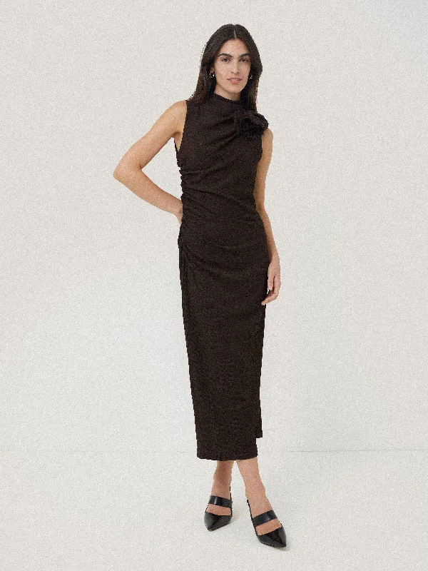 Crinkle Ruched Corsage Dress | Dark Brown Square Neckline Feminine
