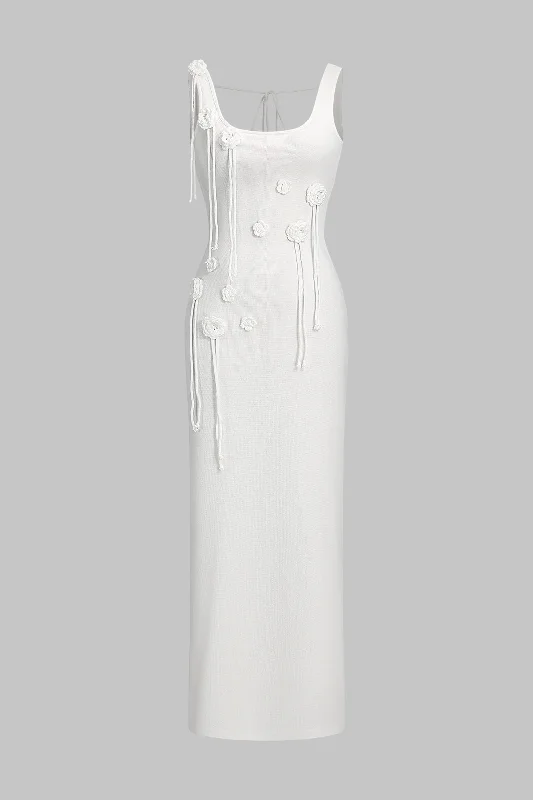 Knit 3D Flower Backless Knot Slit Dress Tunics Denim casual