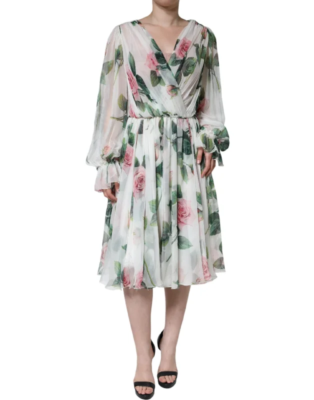 Dolce & Gabbana White Silk Floral Print A-line Midi Women's Dress Tunics Fashionable trendy