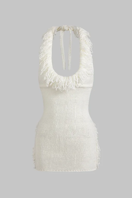 Knit Fringe Knotted Halter Neck Backless Dress Tunics stripes playful