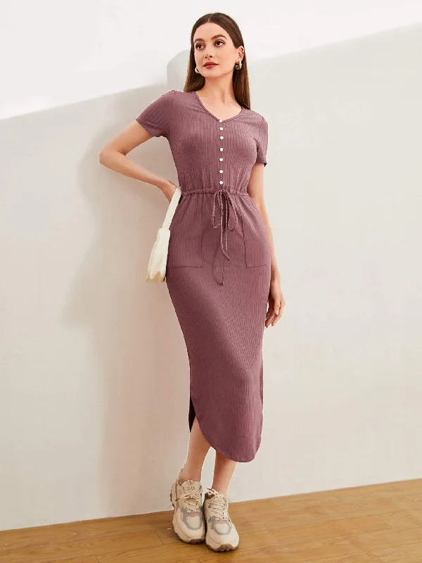 BUTTON FRONT DRAWSTRING SPLIT HEM DRESS Tunics Satin smooth