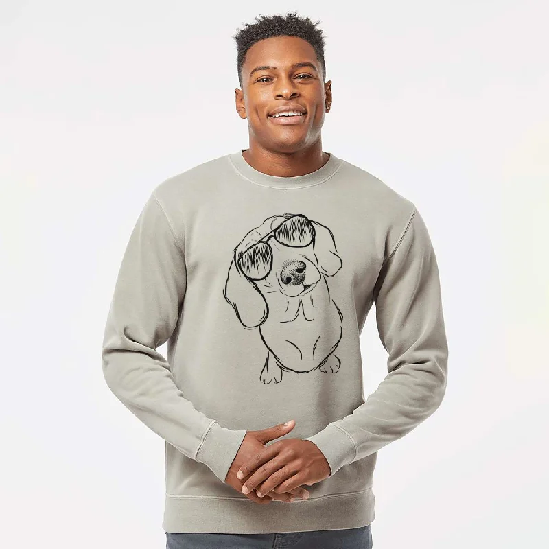 Aviator Bill the Dachshund - Unisex Pigment Dyed Crew Sweatshirt Hoodie with Color Block Contrast Stylish Aviator Bill the Dachshund - Unisex Pigment Dyed Crew Sweatshirt Hoodie with Color Block Contrast Stylish